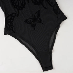 Sheer Mesh Long Sleeve Bodysuit — women's black butterfly mesh see-through long-sleeve bodysuit