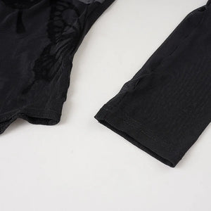Sheer Mesh Long Sleeve Bodysuit — women's black butterfly mesh see-through long-sleeve bodysuit