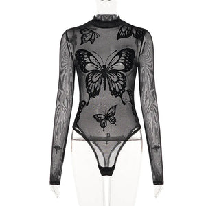 Sheer Mesh Long Sleeve Bodysuit — women's black butterfly mesh see-through long-sleeve bodysuit
