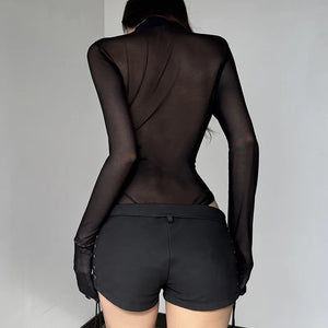 Sheer Mesh Long Sleeve Bodysuit — women's black butterfly mesh see-through long-sleeve bodysuit