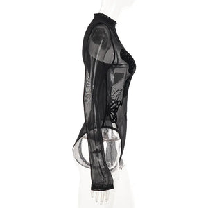 Sheer Mesh Long Sleeve Bodysuit — women's black butterfly mesh see-through long-sleeve bodysuit