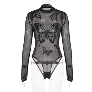 Sheer Mesh Long Sleeve Bodysuit — women's black butterfly mesh see-through long-sleeve bodysuit