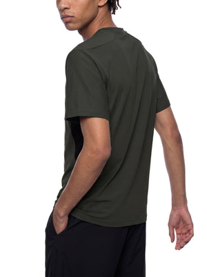 Dark Gray running t-shirt in a back three-quarter view on a model, hand in the shorts pocket