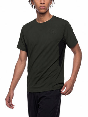 Dark Gray running t-shirt in a three-quarter front view on a model, side panel and tonal logo
