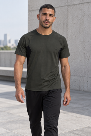 Dark Gray side panel running t-shirt worn front walking view, black panels under the arms