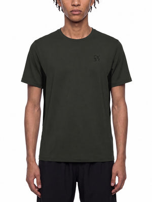 Dark Gray running t-shirt worn front view on a white background, black side panels and chest logo