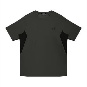 Dark Gray Side Panel Athletic T Shirt laid flat, front view with black side panels and neck label