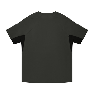 Dark Gray running t-shirt laid flat from the back, black underarm panels and straight hem