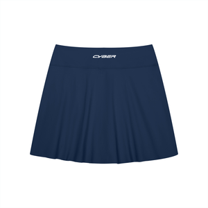 Back of the Navy Blue tennis skirt laid flat, flared A-line cut and white CYBER print at the waist