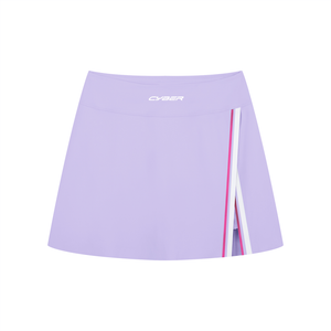 Lavender side slit tennis skirt laid flat, front view with pink and white stripe trim on the slit