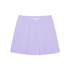 Back of the Lavender tennis skirt laid flat, wide waistband with a white CYBER print and flared hem