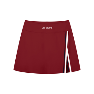 Wine Red side slit tennis skirt laid flat, front view with white and black stripes along the slit