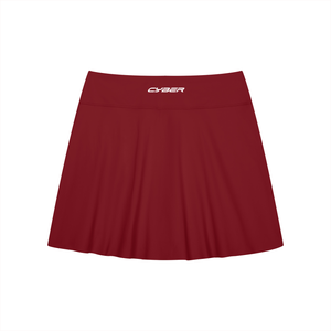 Wine Red tennis skirt laid flat from the back, wide waistband with CYBER print and flared A-line hem