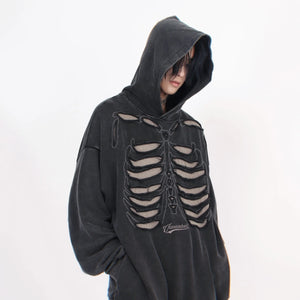 Brown and black skeleton design men hoodie with ripped detailing