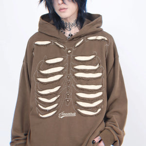 Brown and black skeleton design men hoodie with ripped detailing