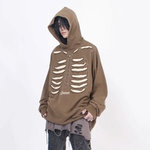 Brown and black skeleton design men hoodie with ripped detailing