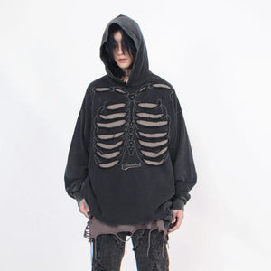 Brown and black skeleton design men hoodie with ripped detailing