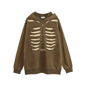 Brown and black skeleton design men hoodie with ripped detailing