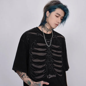 Brown and black skeleton print mens t shirt with ripped detailing