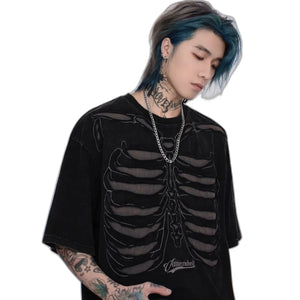 Brown and black skeleton print mens t shirt with ripped detailing