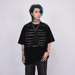 Brown and black skeleton print mens t shirt with ripped detailing