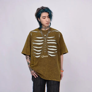 Brown and black skeleton print mens t shirt with ripped detailing