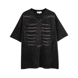 Brown and black skeleton print mens t shirt with ripped detailing