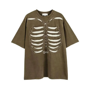 Brown and black skeleton print mens t shirt with ripped detailing