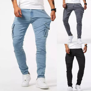 Three views of the Skinny Cargo Y2K Jeans in light blue, gray and black, worn with white sneakers