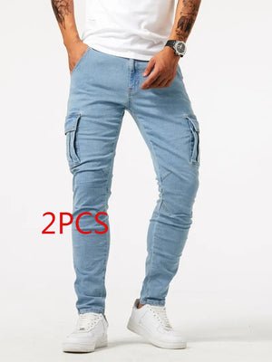 Light blue stretch denim cargo jeans, front view with flap thigh pockets, marked 2PCS for the pair pack