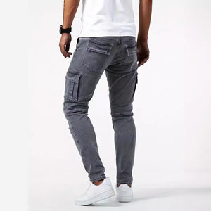 Back view of the gray skinny cargo jeans, showing the flap back pockets and side cargo pockets