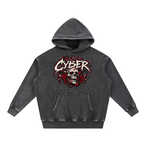 Skull Hoodie Y2K Washed Black seen flat from the front, CYBER lettering over a skull and red roses