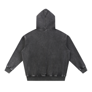 Back of the Skull Hoodie Y2K Washed Black laid flat, plain faded fleece with hood and ribbed hem