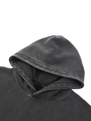 Close-up of the clean hood, cut with no drawcords, on the Skull Hoodie Y2K Washed Black brushed fleece