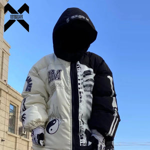 Padded hooded parka with a skeleton patchwork print across the sleeves and body