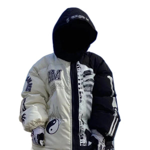 Padded hooded parka with a skeleton patchwork print across the sleeves and body