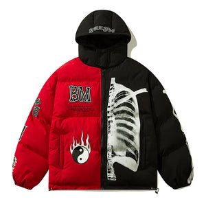 Padded hooded parka with a skeleton patchwork print across the sleeves and body