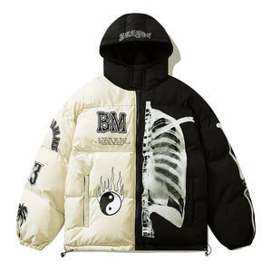 Padded hooded parka with a skeleton patchwork print across the sleeves and body