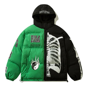 Padded hooded parka with a skeleton patchwork print across the sleeves and body