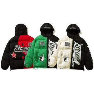 Padded hooded parka with a skeleton patchwork print across the sleeves and body