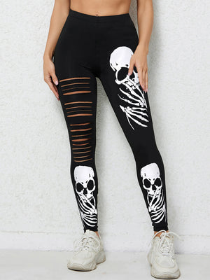 Black skull print techwear leggings for women with mid waist