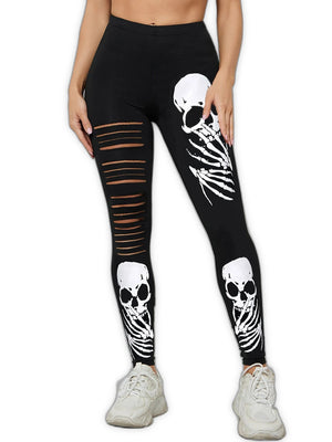 Black skull print techwear leggings for women with mid waist