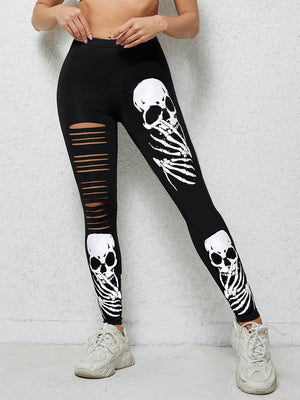 Black skull print techwear leggings for women with mid waist