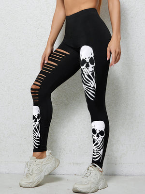 Black skull print techwear leggings for women with mid waist