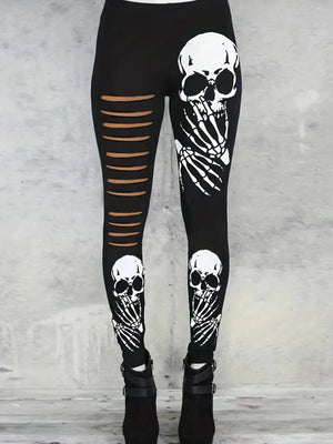 Black skull print techwear leggings for women with mid waist