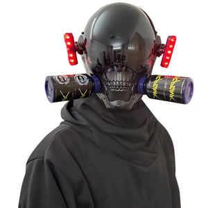 Black skull techwear mask with respirator canisters and red side lights