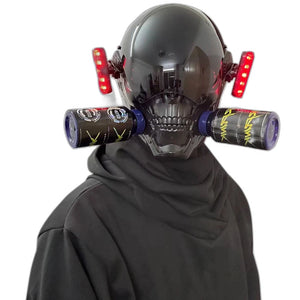 Black skull techwear mask with respirator canisters and red side lights