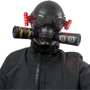 Black skull techwear mask with respirator canisters and red side lights