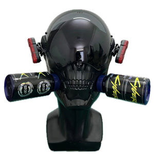 Black skull techwear mask with respirator canisters and red side lights