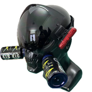Black skull techwear mask with respirator canisters and red side lights